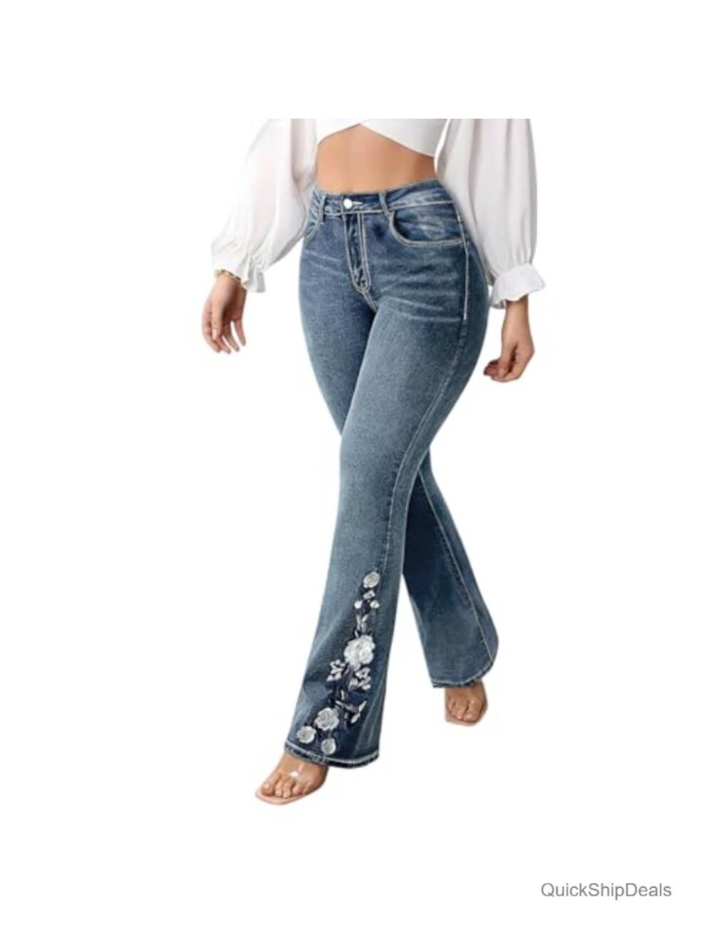 Plus Size Flare Jeans Bootcut Stretchy Embroidered Wide Leg Denim